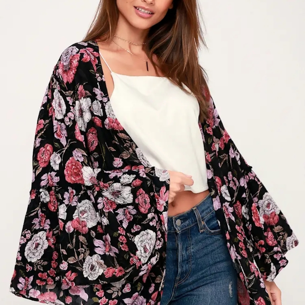 Billabong Bell Sleeve Tie Kimono Duster S/M Floral Hippie Romantic